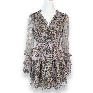 o.p.t Mixed Hilo Frilly Boho Tiered Mini Dress Sheer Long Sleeves